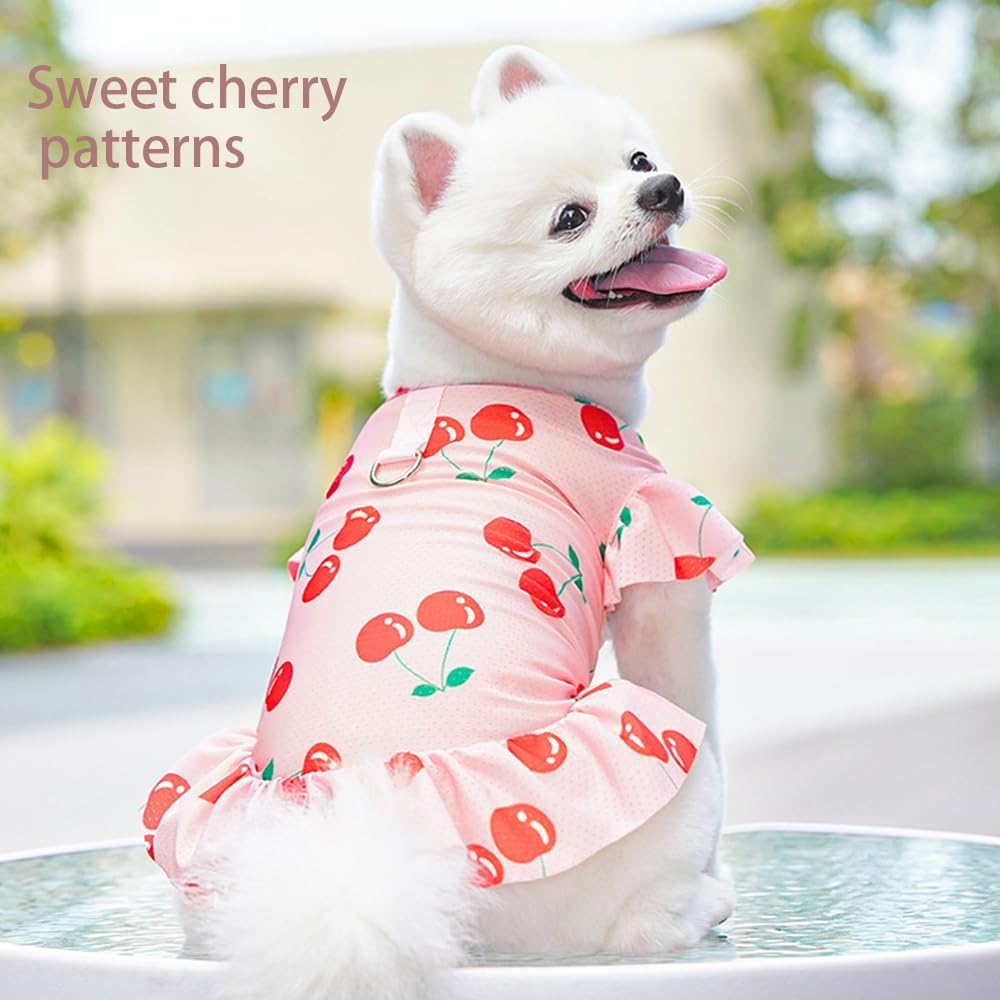 2 Pieces Cooling Dog Dresses Girl Small Dogs Clothes with Cherry & Flowers Puppy Dress Holiday Cat Outfit Pet Summer Clothing for Teddy Pomeranian Poodle Chihuahua (red Yellow, X-Small)