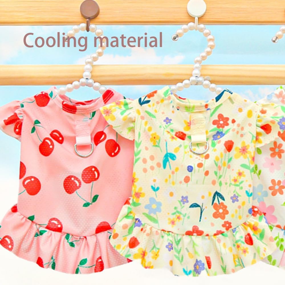2 Pieces Cooling Dog Dresses Girl Small Dogs Clothes with Cherry & Flowers Puppy Dress Holiday Cat Outfit Pet Summer Clothing for Teddy Pomeranian Poodle Chihuahua (red Yellow, X-Small)