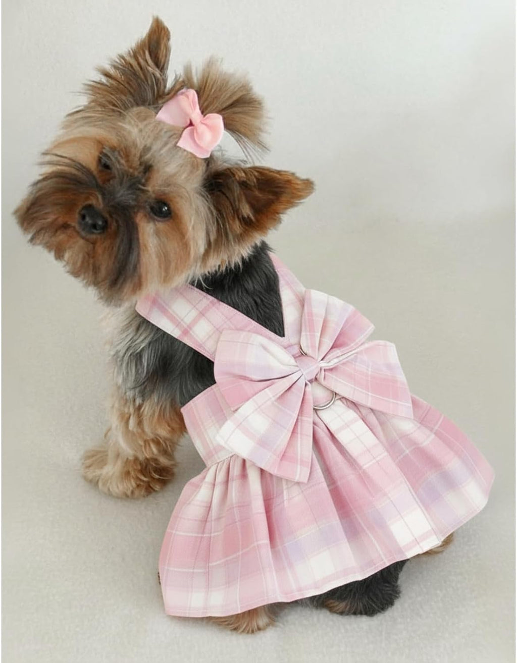 1 Pcs Pink Plaid Dog Dress Set, Cute Bow Tie Puppy Outfits with Bownot, Harness Leash Set for Small Girl Dogs Cats Birthday Holiday Outdoor Walking S