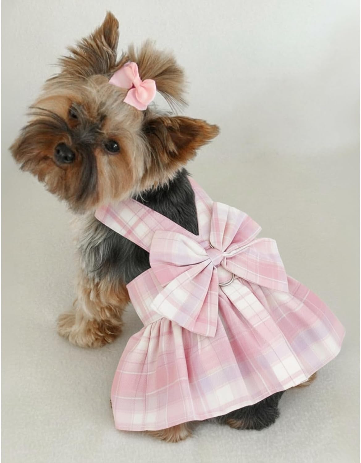 1 Pcs Pink Plaid Dog Dress Set, Cute Bow Tie Puppy Outfits with Bownot, Harness Leash Set for Small Girl Dogs Cats Birthday Holiday Outdoor Walking S