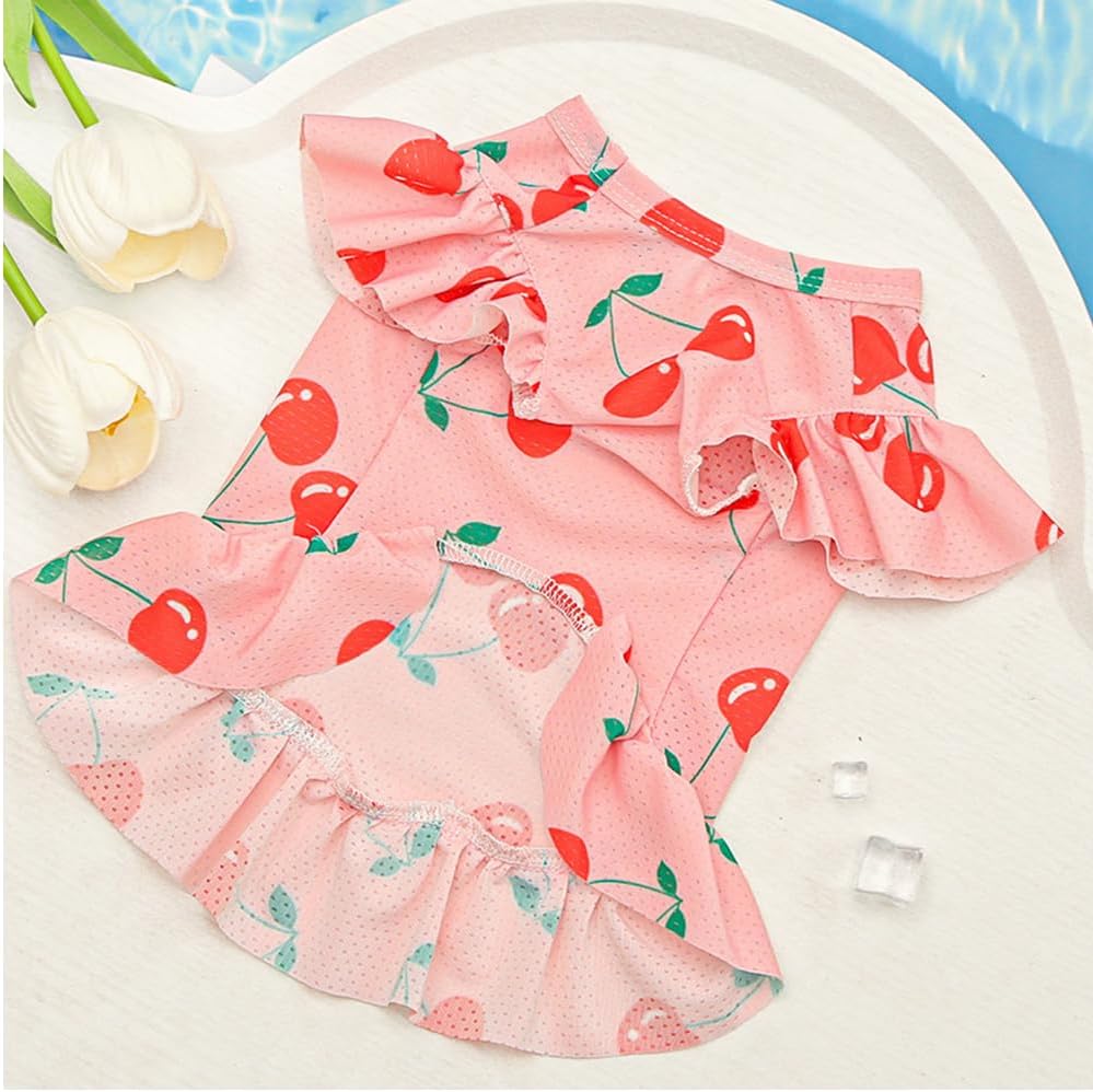 2 Pieces Cooling Dog Dresses Girl Small Dogs Clothes with Cherry & Flowers Puppy Dress Holiday Cat Outfit Pet Summer Clothing for Teddy Pomeranian Poodle Chihuahua (red Yellow, X-Small)