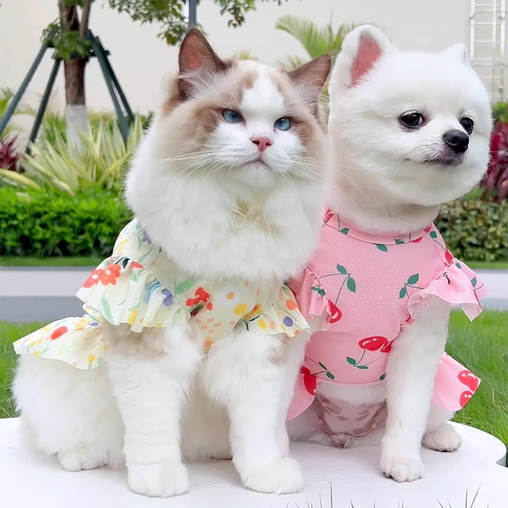 2 Pieces Cooling Dog Dresses Girl Small Dogs Clothes with Cherry & Flowers Puppy Dress Holiday Cat Outfit Pet Summer Clothing for Teddy Pomeranian Poodle Chihuahua (red Yellow, X-Small)