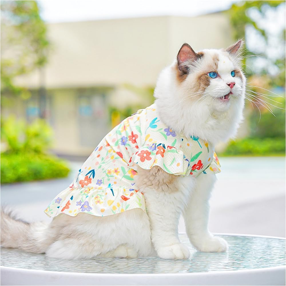 2 Pieces Cooling Dog Dresses Girl Small Dogs Clothes with Cherry & Flowers Puppy Dress Holiday Cat Outfit Pet Summer Clothing for Teddy Pomeranian Poodle Chihuahua (red Yellow, X-Small)