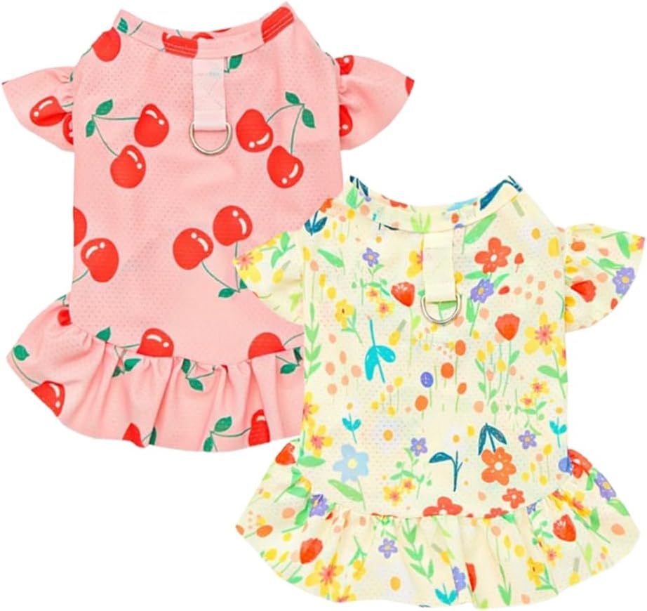 2 Pieces Cooling Dog Dresses Girl Small Dogs Clothes with Cherry & Flowers Puppy Dress Holiday Cat Outfit Pet Summer Clothing for Teddy Pomeranian Poodle Chihuahua (red Yellow, X-Small)