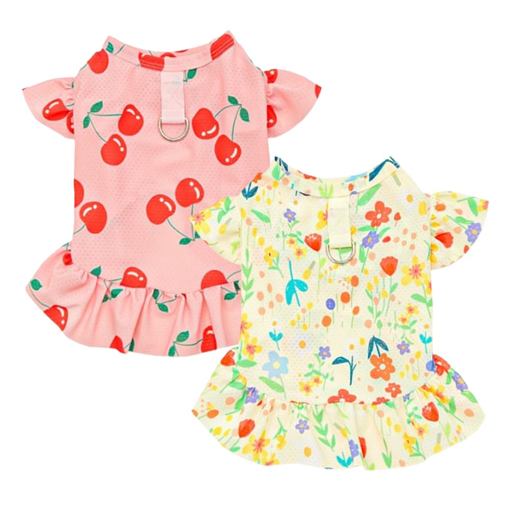 2 Pieces Cooling Dog Dresses Girl Small Dogs Clothes with Cherry & Flowers Puppy Dress Holiday Cat Outfit Pet Summer Clothing for Teddy Pomeranian Poodle Chihuahua (red Yellow, X-Small)