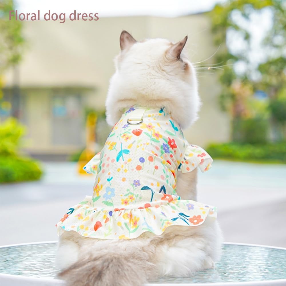 2 Pieces Cooling Dog Dresses Girl Small Dogs Clothes with Cherry & Flowers Puppy Dress Holiday Cat Outfit Pet Summer Clothing for Teddy Pomeranian Poodle Chihuahua (red Yellow, X-Small)