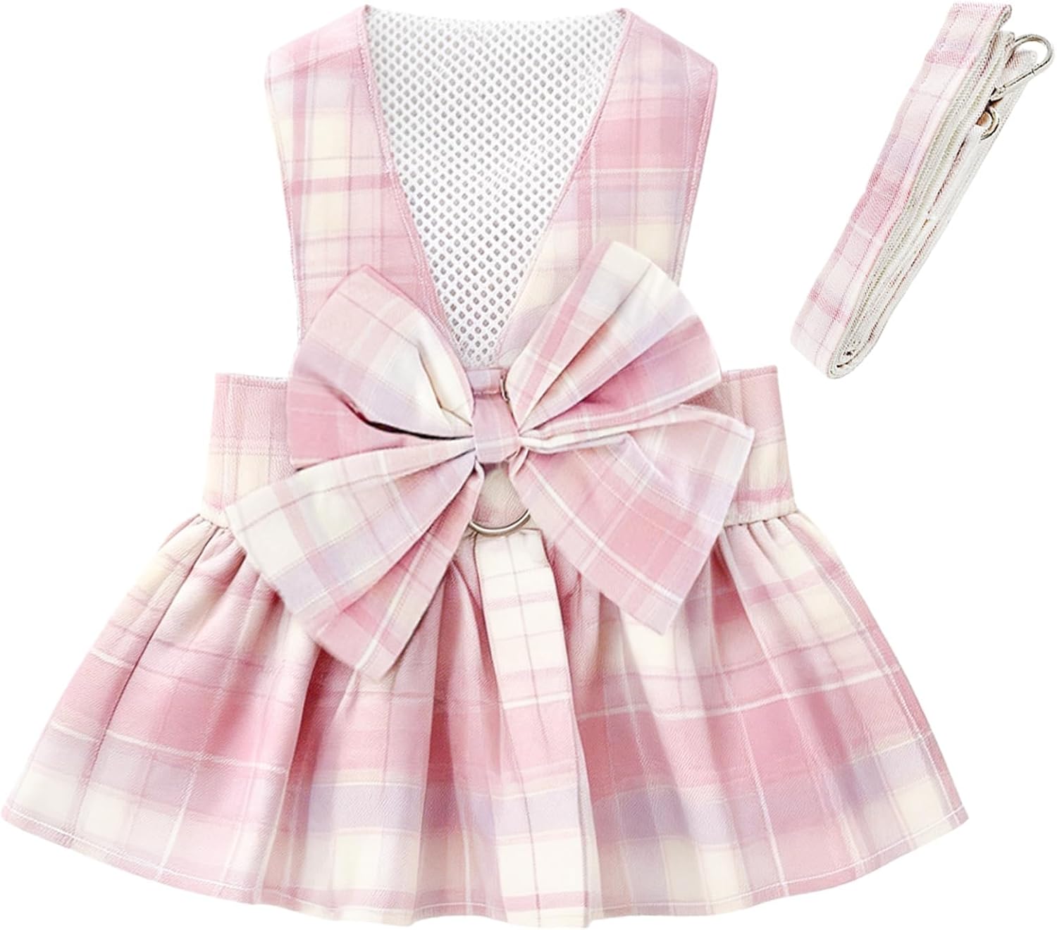 1 Pcs Pink Plaid Dog Dress Set, Cute Bow Tie Puppy Outfits with Bownot, Harness Leash Set for Small Girl Dogs Cats Birthday Holiday Outdoor Walking S