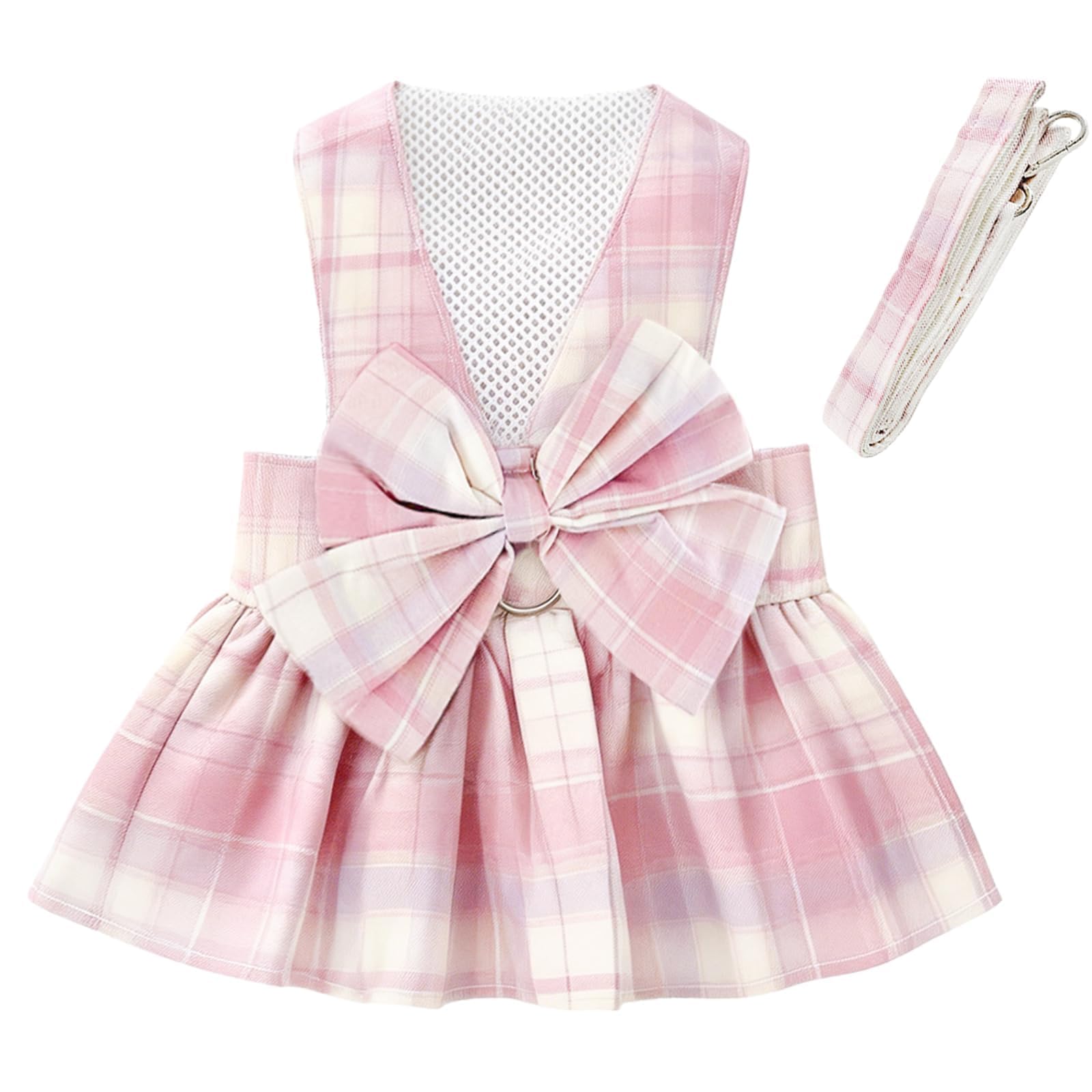 1 Pcs Pink Plaid Dog Dress Set, Cute Bow Tie Puppy Outfits with Bownot, Harness Leash Set for Small Girl Dogs Cats Birthday Holiday Outdoor Walking S