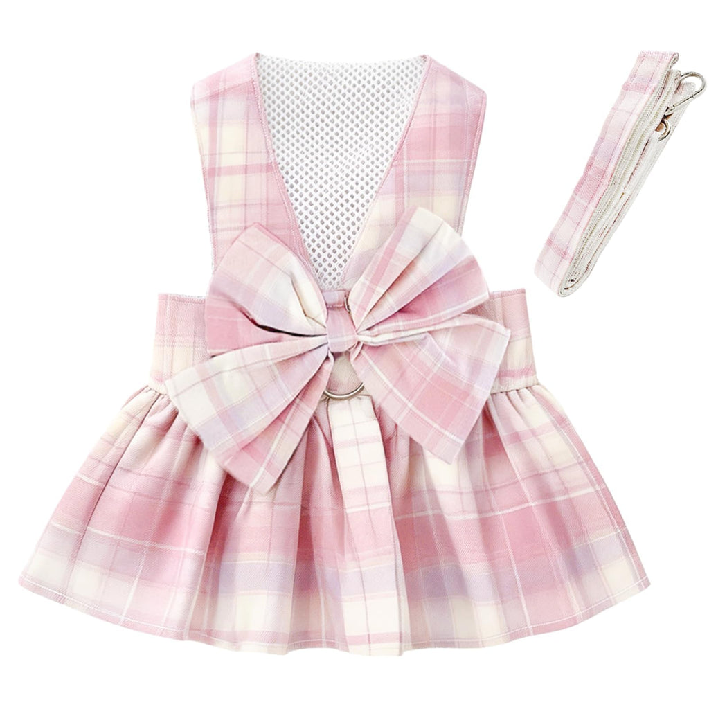 1 Pcs Pink Plaid Dog Dress Set, Cute Bow Tie Puppy Outfits with Bownot, Harness Leash Set for Small Girl Dogs Cats Birthday Holiday Outdoor Walking S