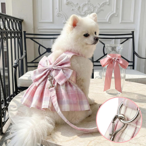 1 Pcs Pink Plaid Dog Dress Set, Cute Bow Tie Puppy Outfits with Bownot, Harness Leash Set for Small Girl Dogs Cats Birthday Holiday Outdoor Walking S