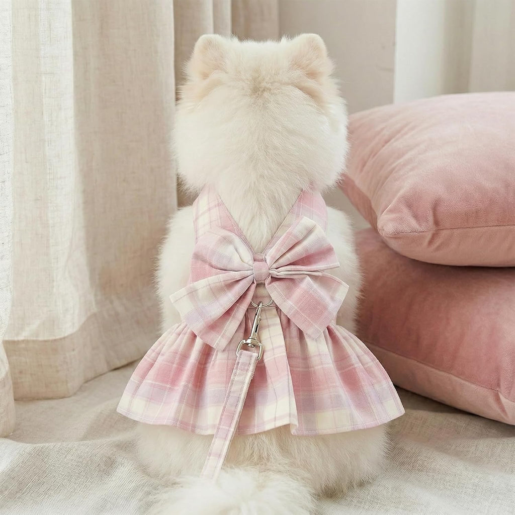 1 Pcs Pink Plaid Dog Dress Set, Cute Bow Tie Puppy Outfits with Bownot, Harness Leash Set for Small Girl Dogs Cats Birthday Holiday Outdoor Walking S