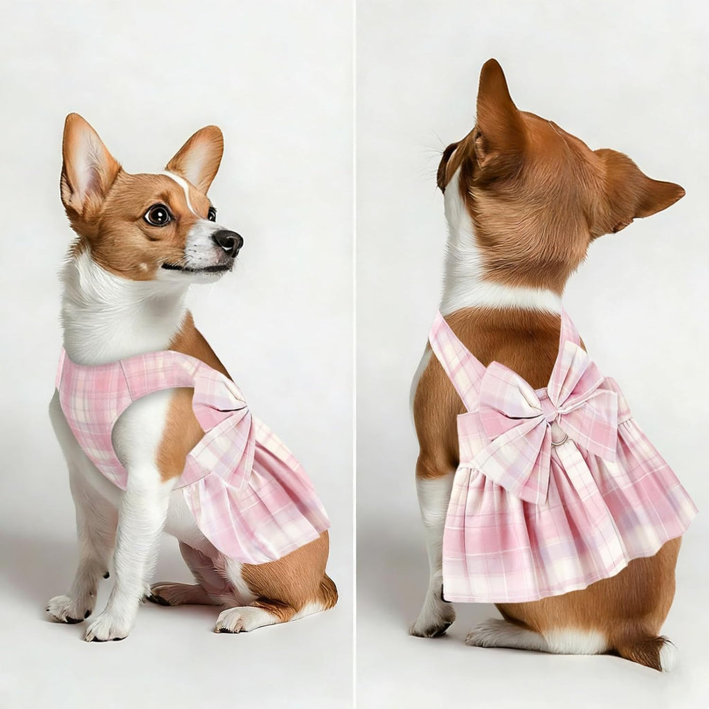 1 Pcs Pink Plaid Dog Dress Set, Cute Bow Tie Puppy Outfits with Bownot, Harness Leash Set for Small Girl Dogs Cats Birthday Holiday Outdoor Walking S