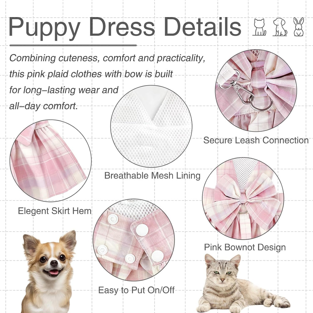 1 Pcs Pink Plaid Dog Dress Set, Cute Bow Tie Puppy Outfits with Bownot, Harness Leash Set for Small Girl Dogs Cats Birthday Holiday Outdoor Walking S