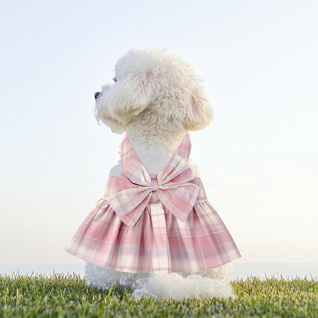 1 Pcs Pink Plaid Dog Dress Set, Cute Bow Tie Puppy Outfits with Bownot, Harness Leash Set for Small Girl Dogs Cats Birthday Holiday Outdoor Walking S