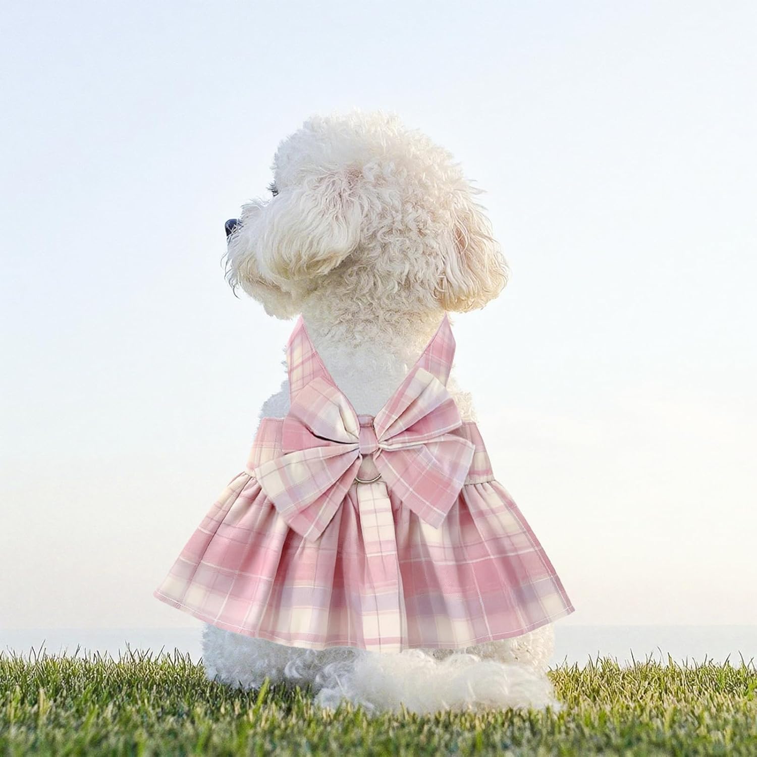 1 Pcs Pink Plaid Dog Dress Set, Cute Bow Tie Puppy Outfits with Bownot, Harness Leash Set for Small Girl Dogs Cats Birthday Holiday Outdoor Walking S