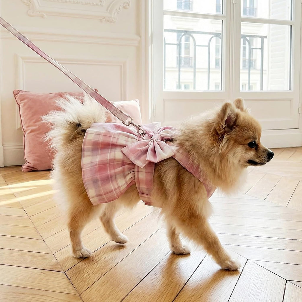 1 Pcs Pink Plaid Dog Dress Set, Cute Bow Tie Puppy Outfits with Bownot, Harness Leash Set for Small Girl Dogs Cats Birthday Holiday Outdoor Walking S