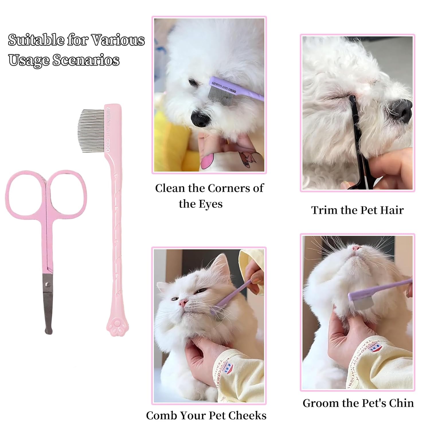 2 Pack Stainless Steel Dog Eye Comb - Small Design for Pet Facial & Paw Grooming, Round-Tip Arc Teeth, ABS Handle, Puppy Flea Brush, Fit Yorkie, Shih Tzu, Maltese, Maltipoo, Pomeranian, Cat