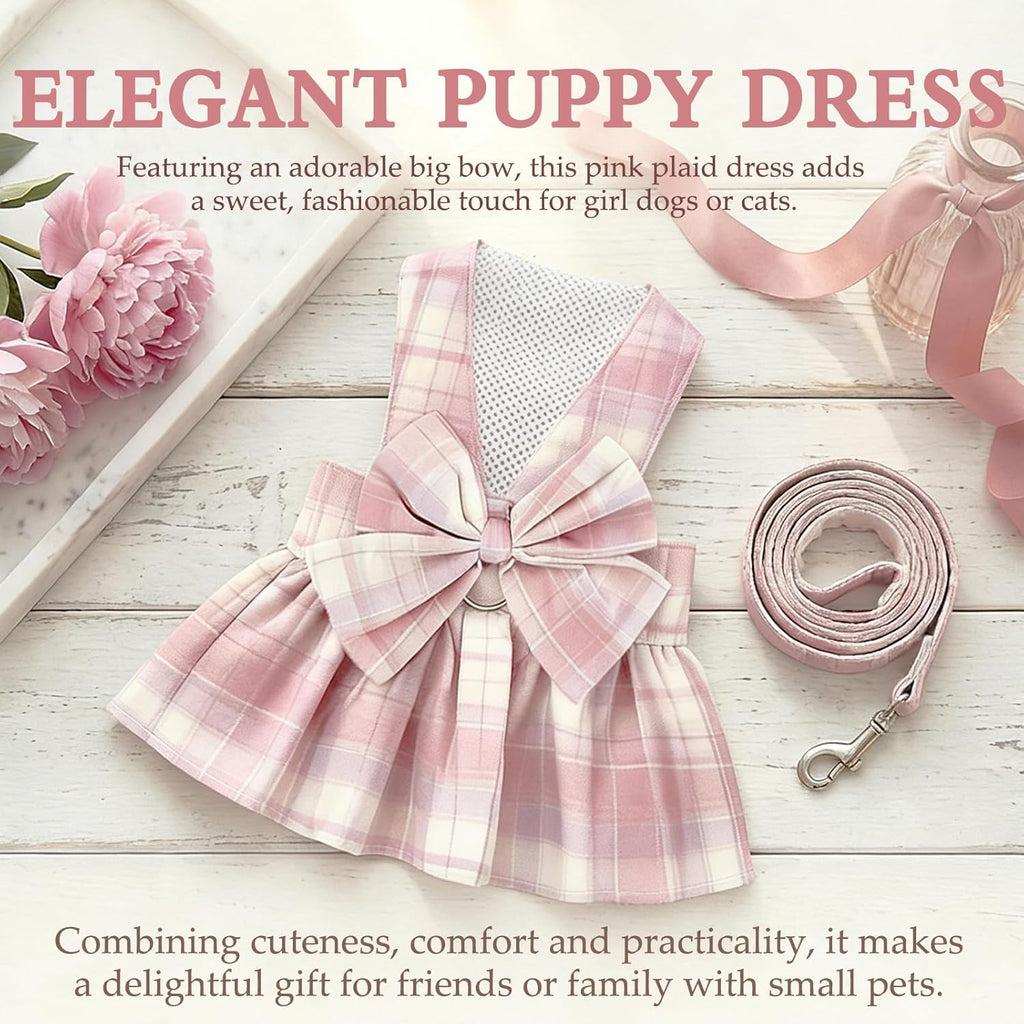 1 Pcs Pink Plaid Dog Dress Set, Cute Bow Tie Puppy Outfits with Bownot, Harness Leash Set for Small Girl Dogs Cats Birthday Holiday Outdoor Walking S