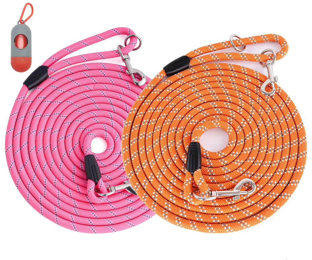 (2 Pack) Long Dog Leash for Dog Training 16FT/20FT/30FT/50FT, Reflective Heavy Duty Dog Lead for Large Medium Small Dogs Outside Walking, Playing, Camping, or Yard,Orange&Pink 30FT